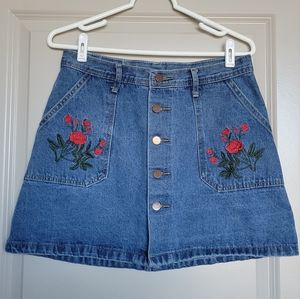Jean Skirt with Floral Embroidery
